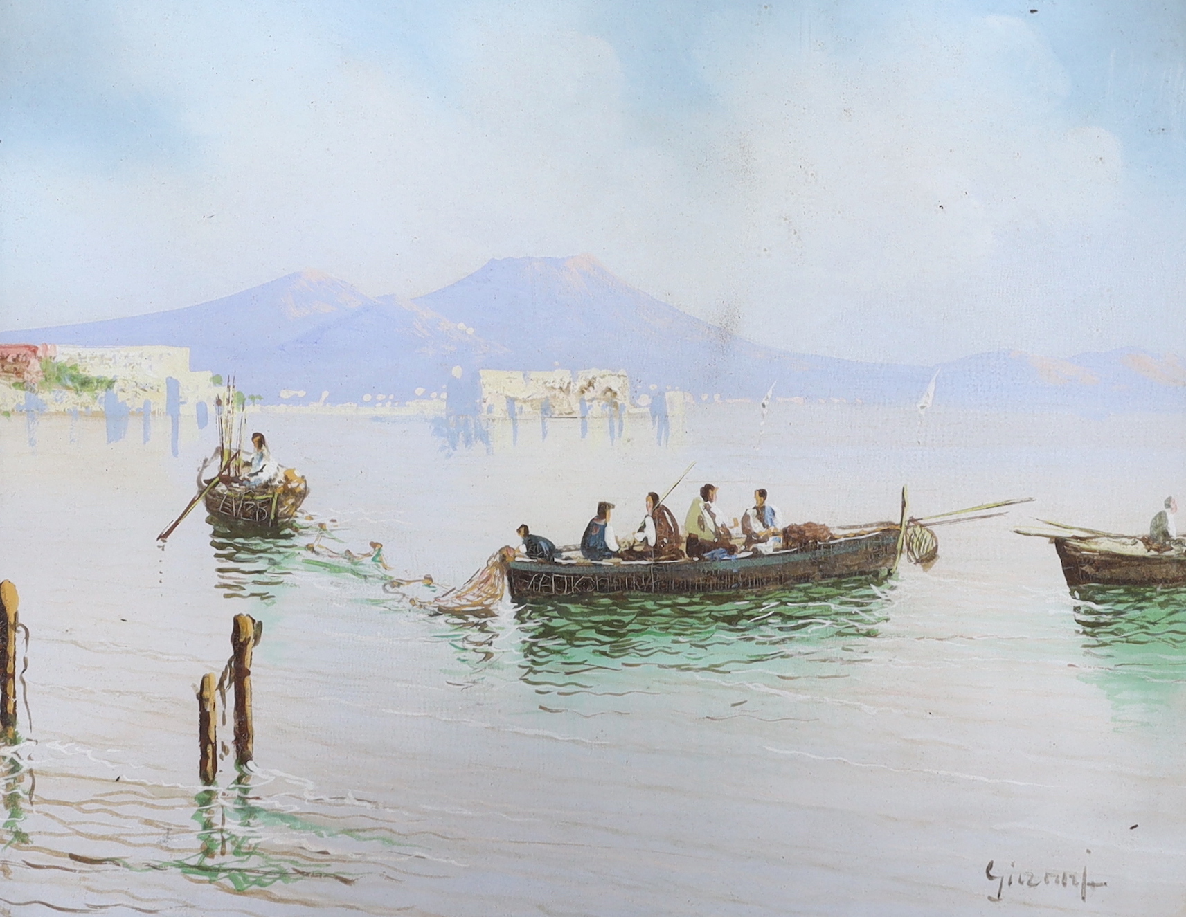 Gianni, gouache, Fishing boats with Vesuvius beyond, signed, 23 x 29cm